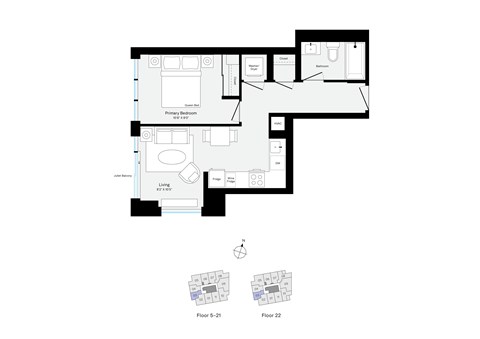 Floor plan for 1 bed, 1 bath, 506 sqft
